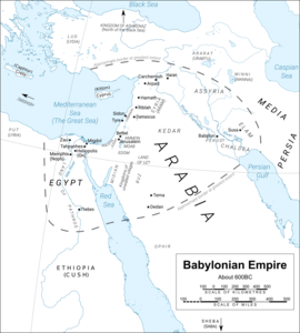 Map of Babylonian Empire around 600BC (derived from a map by Yiyi (https://commons.wikimedia.org/wiki/User:Yiyi) of the Middle East (https://commons.wikimedia.org/wiki/File:Near_East_topographic_map_with_toponyms_3000bc-pt.svg) with a CC BY 3.0 licence (https://creativecommons.org/licenses/by/3.0/deed.en)