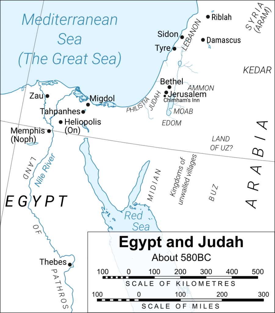 Map of Egypt and Judah around 580BC (derived from a map by Yiyi (https://commons.wikimedia.org/wiki/User:Yiyi) of the Middle East (https://commons.wikimedia.org/wiki/File:Near_East_topographic_map_with_toponyms_3000bc-pt.svg) with a CC BY 3.0 licence (https://creativecommons.org/licenses/by/3.0/deed.en)