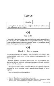 Page 65 of "Upside Down with Paul" by Mark Morgan. Note the text of Acts with side bars, brief descriptions of the situation in a box and the start of an imaginative sketch. Footnotes are also displayed and a footer which shows Paul's current journey where appropriate.